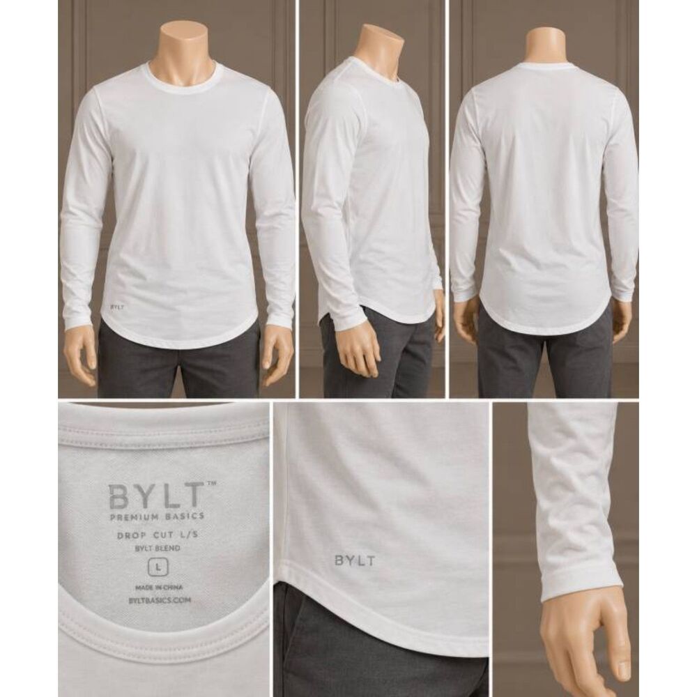 BYLT Premium Basics Men's L White Drop Cut Long Sleeve Shirt L/S